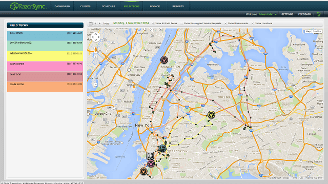 tablet screen displaying map view of field service technicians and job sites