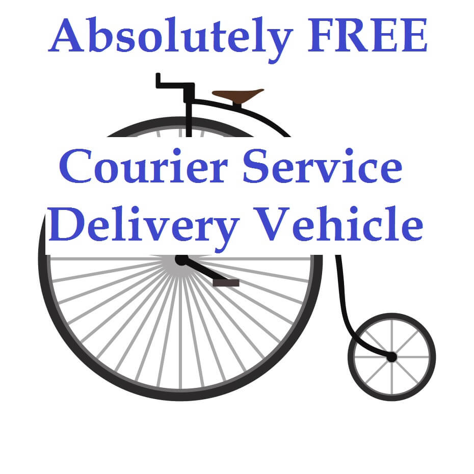 antique bicycle with high front wheel and text absolutely free courier service delivery vehicle