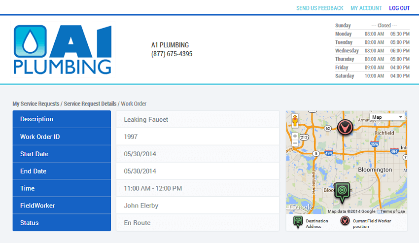 screen shot of self service customer portal for a-1 plumbing on razorsync mobile software