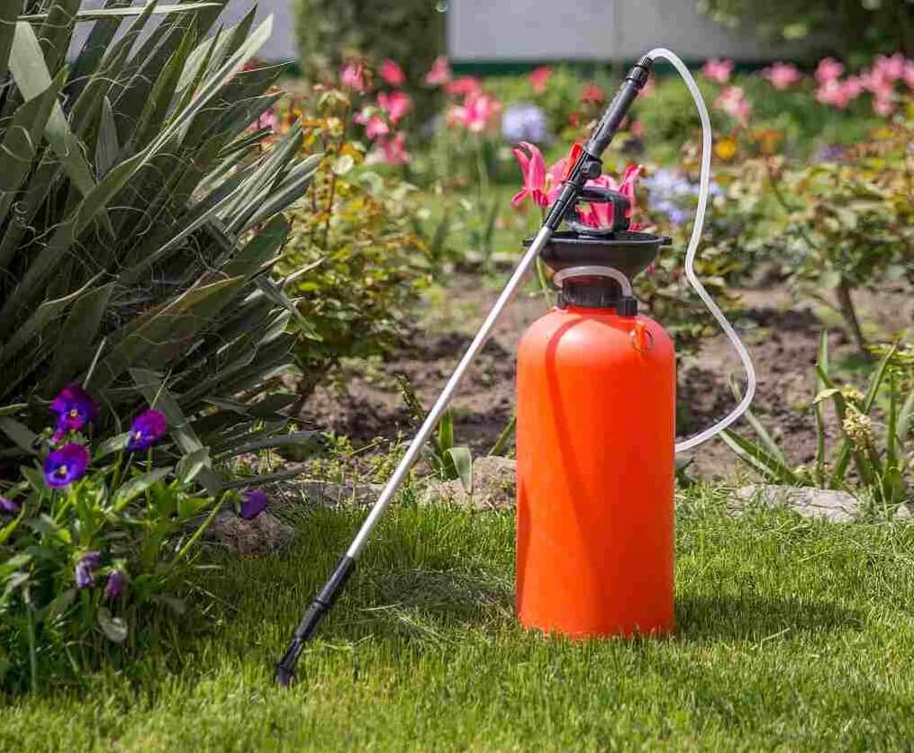 orange chemical spray tank on lawn by flowers
