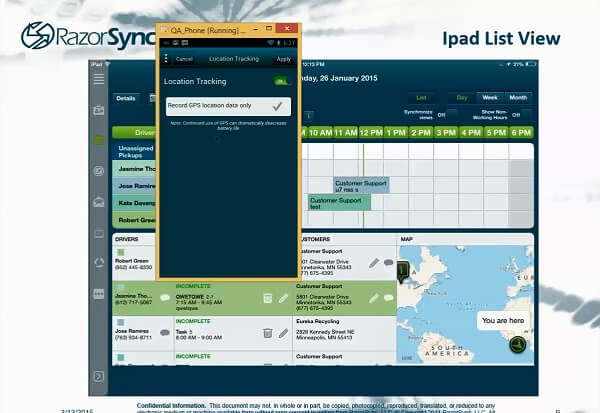 screen capture of razorsync field management software on live demo on ipad
