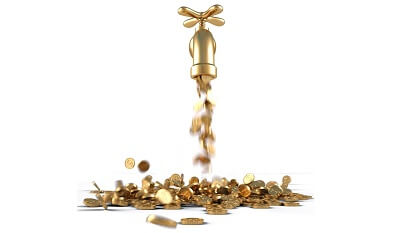 gold water tap with gold coins flowing out
