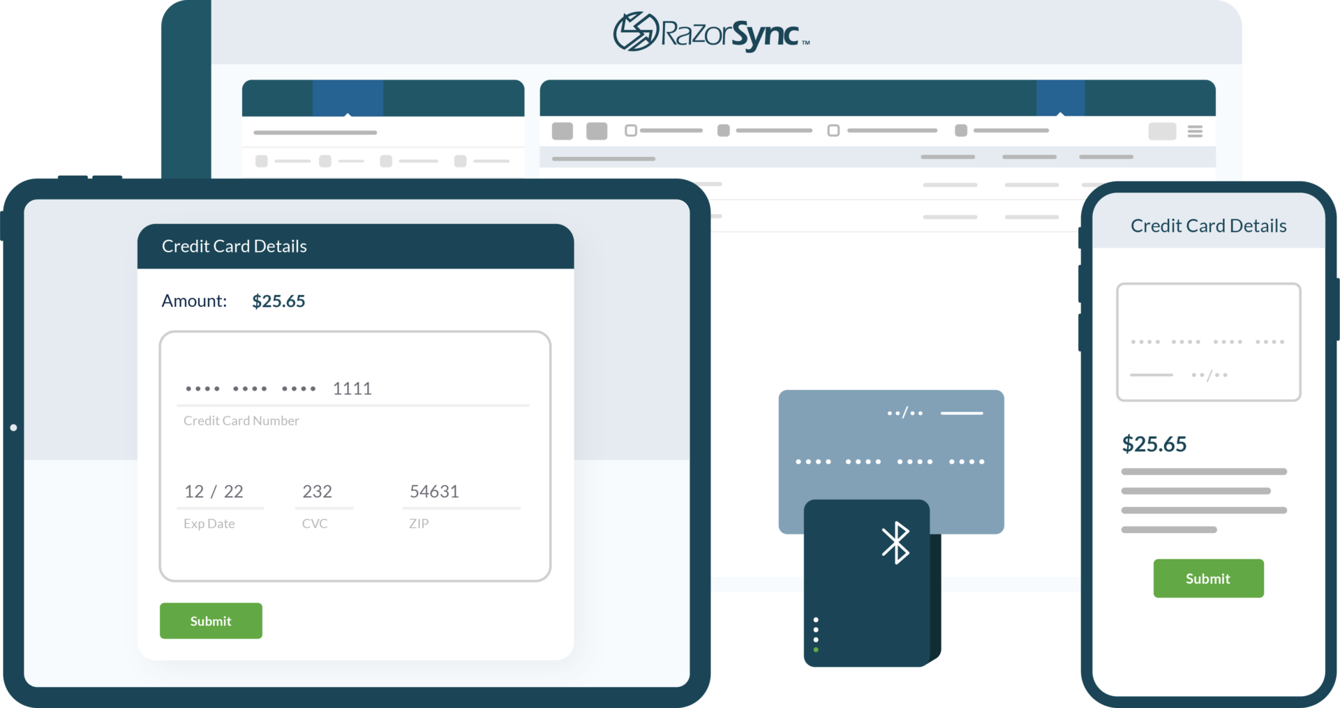 razorsync app screen overview and credit card payment details displayed on computer, tablet, and phone