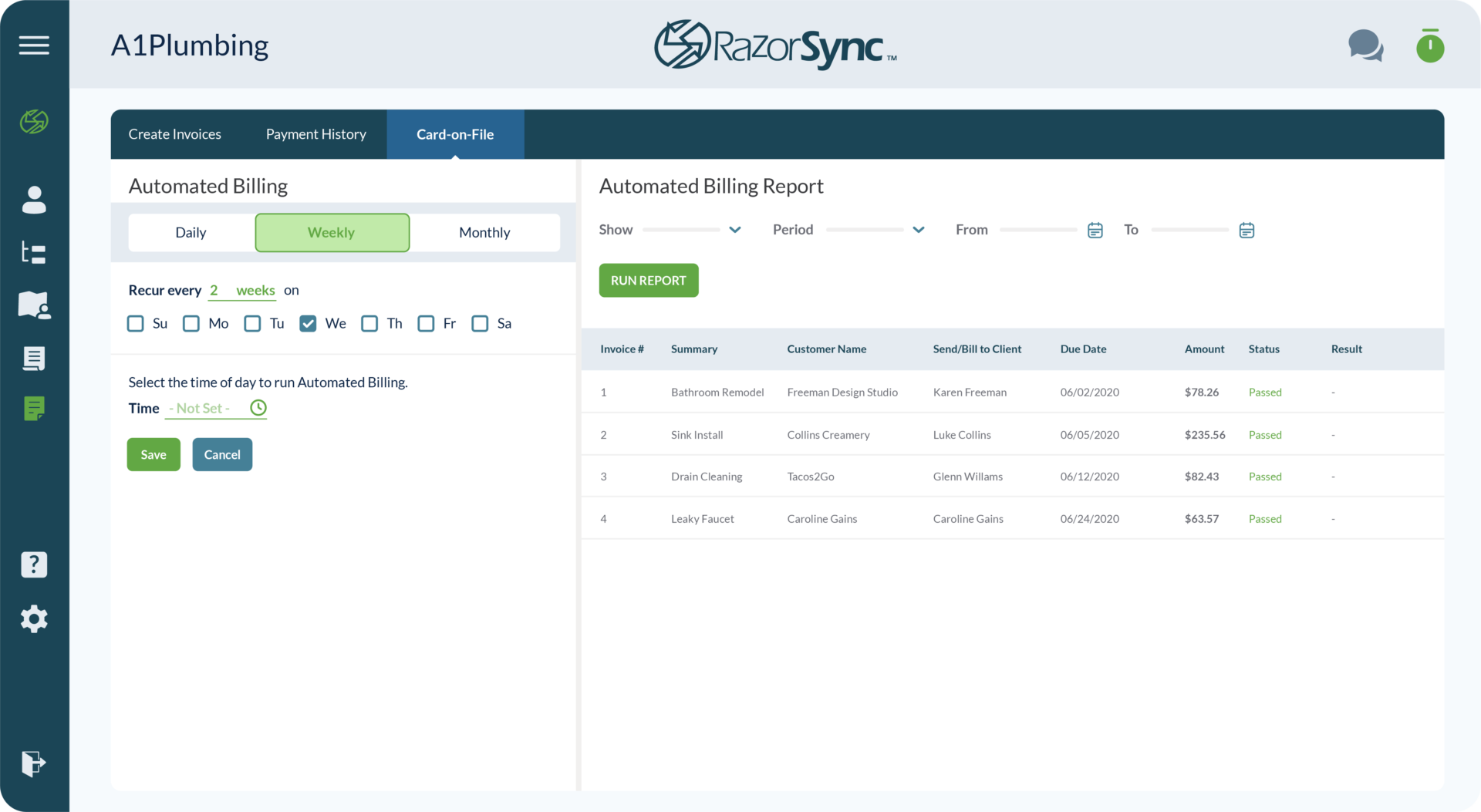razorsync app screen with automated billing portal