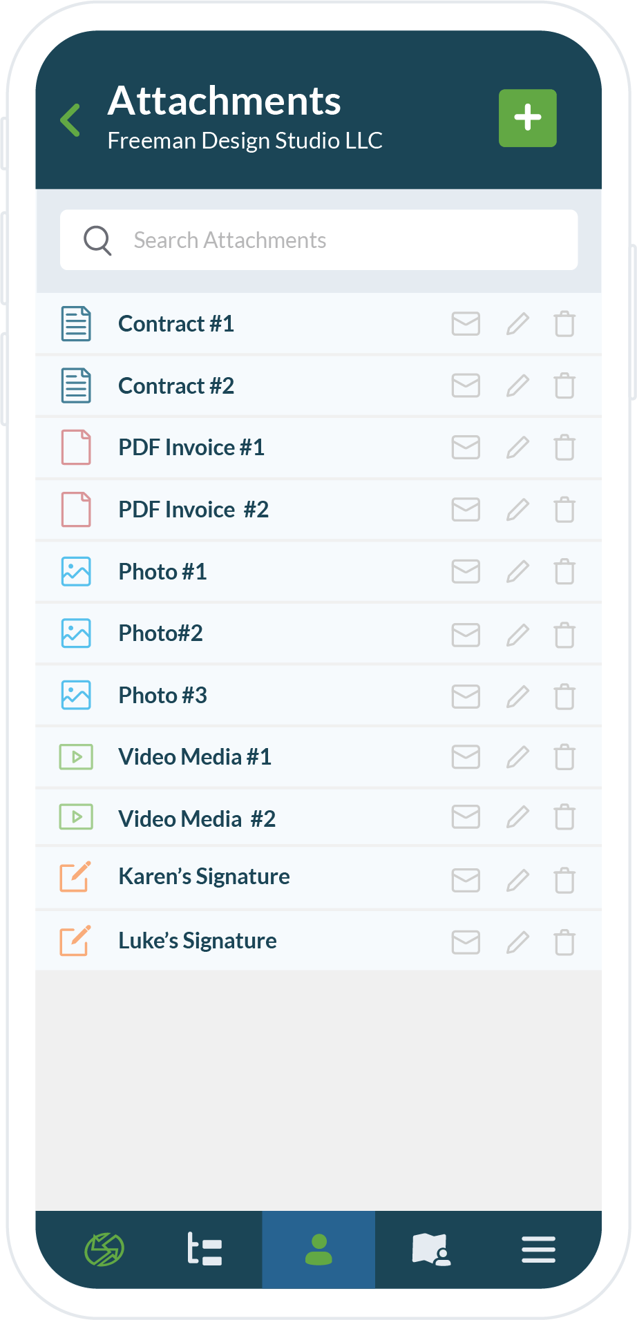 razorsync app screen attachments of contacts, invoices, photos, videos, signatures on mobile
