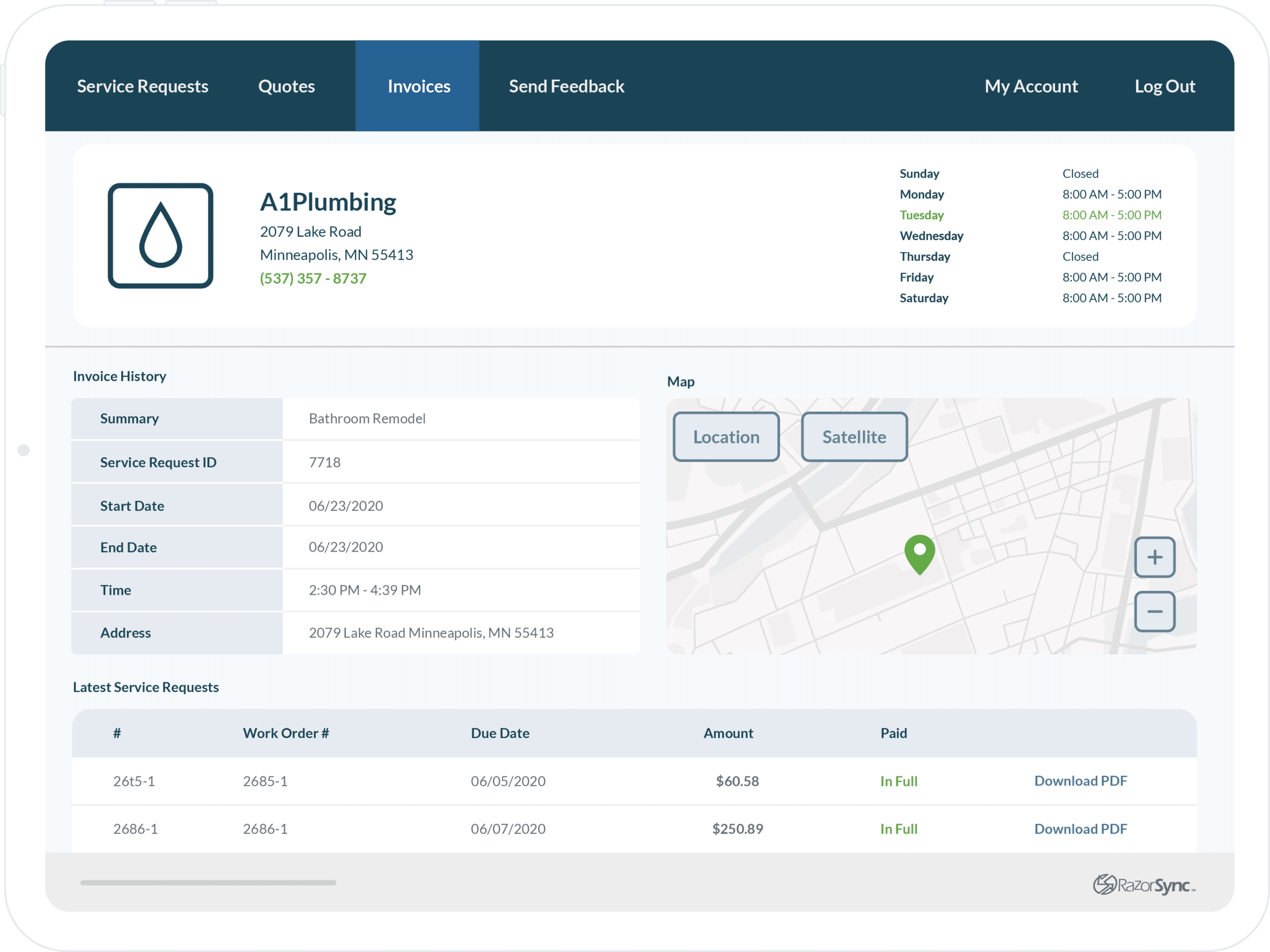 razorsync app screen company overview with map, invoice history, and service requests