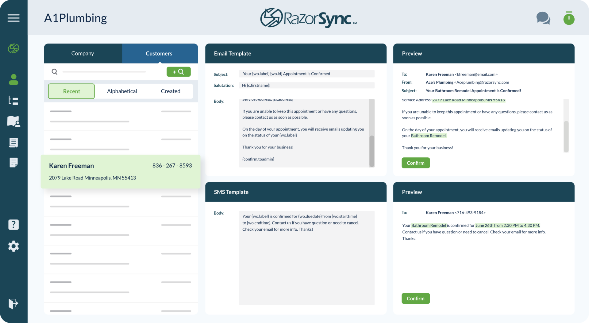 razorsync app screen with customized emails and notifications portal