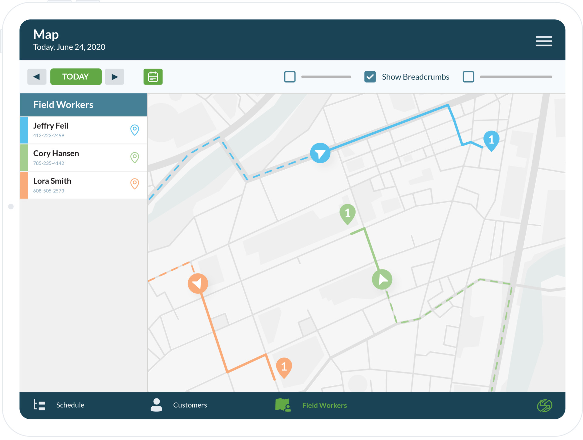 razorsync app screen with employee tracking map