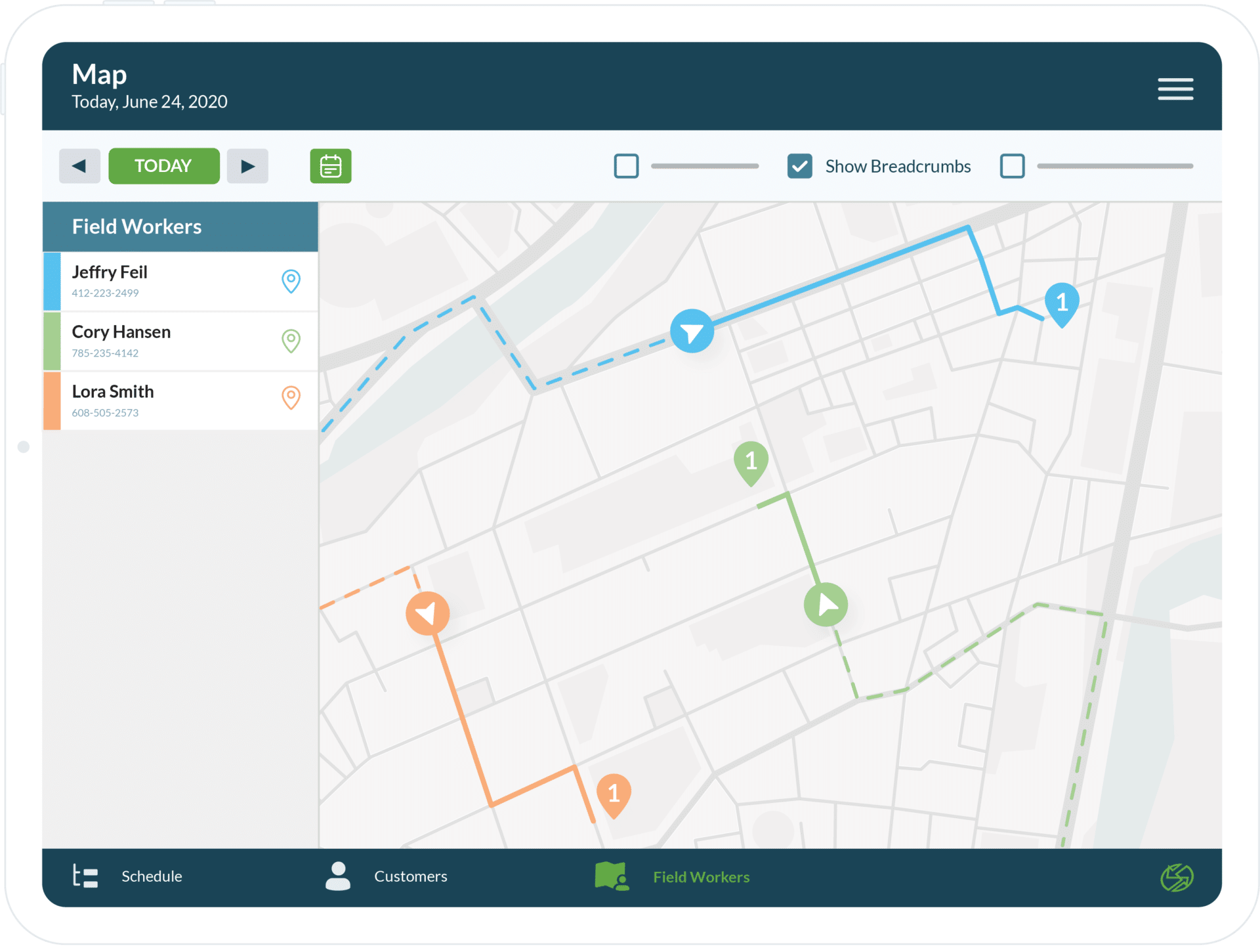 razorsync app screen with employee tracking map