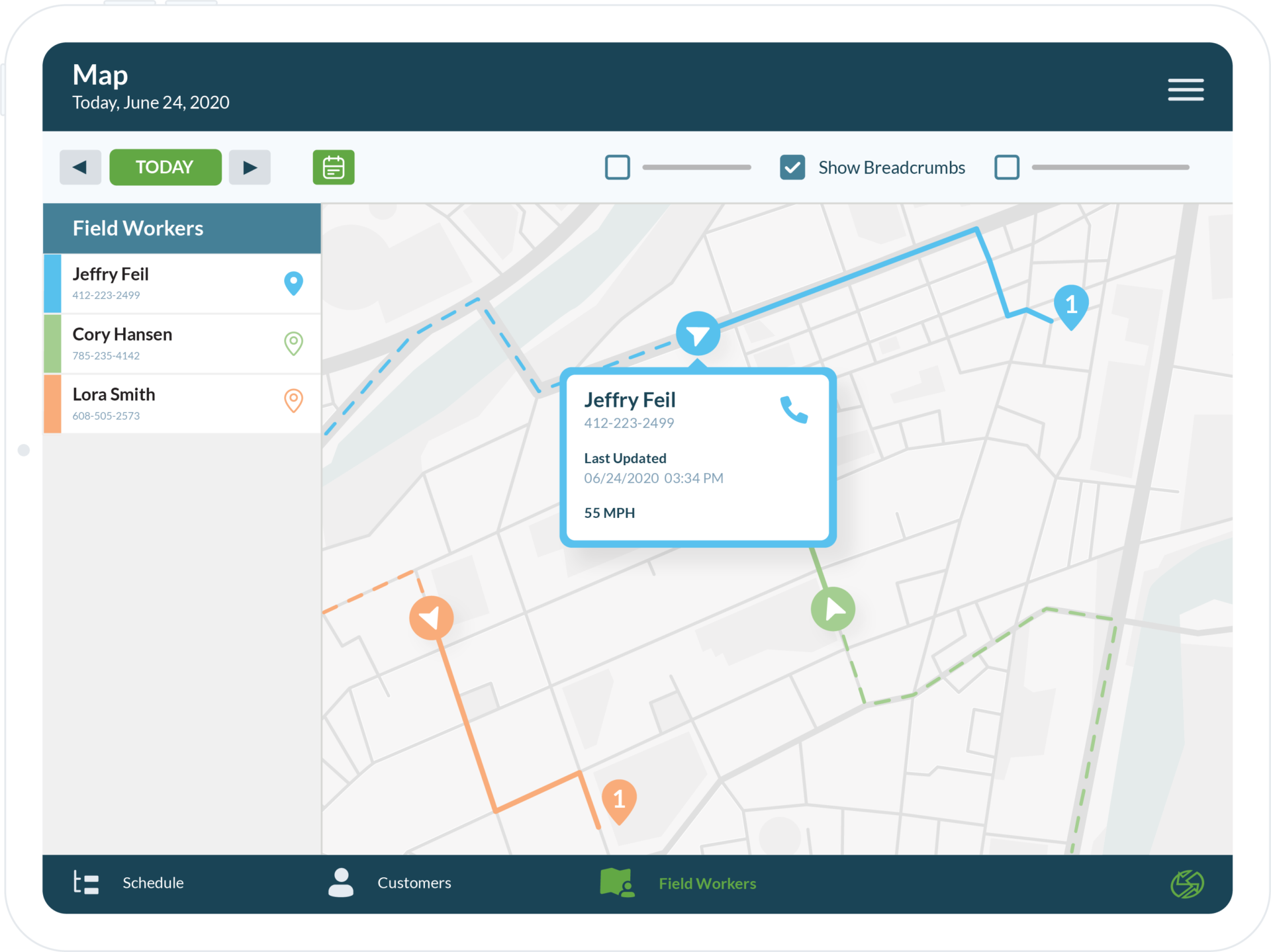 razorsync app screen of map with employee tracking