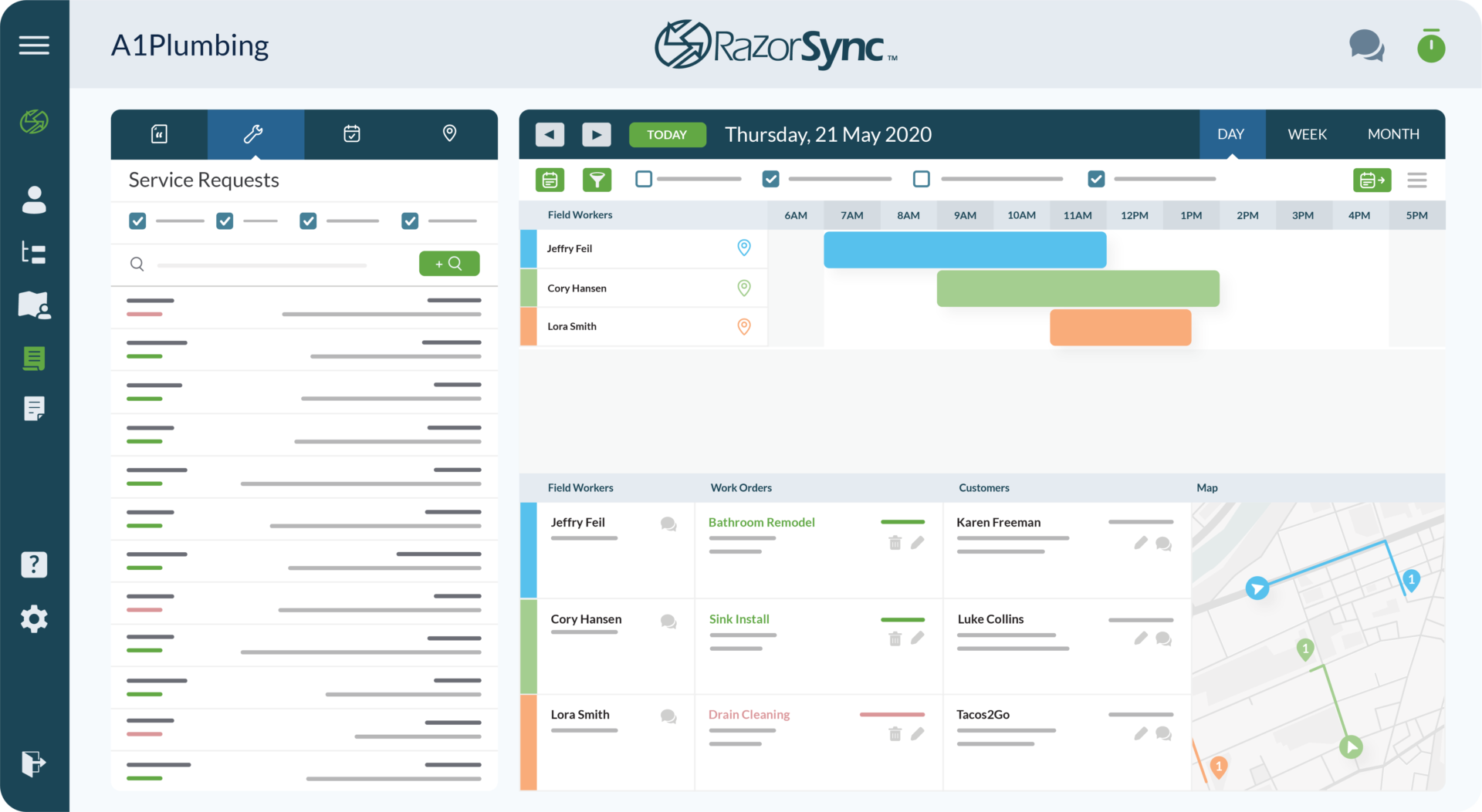 razorsync app screen with service requests, calendar, and scheduling