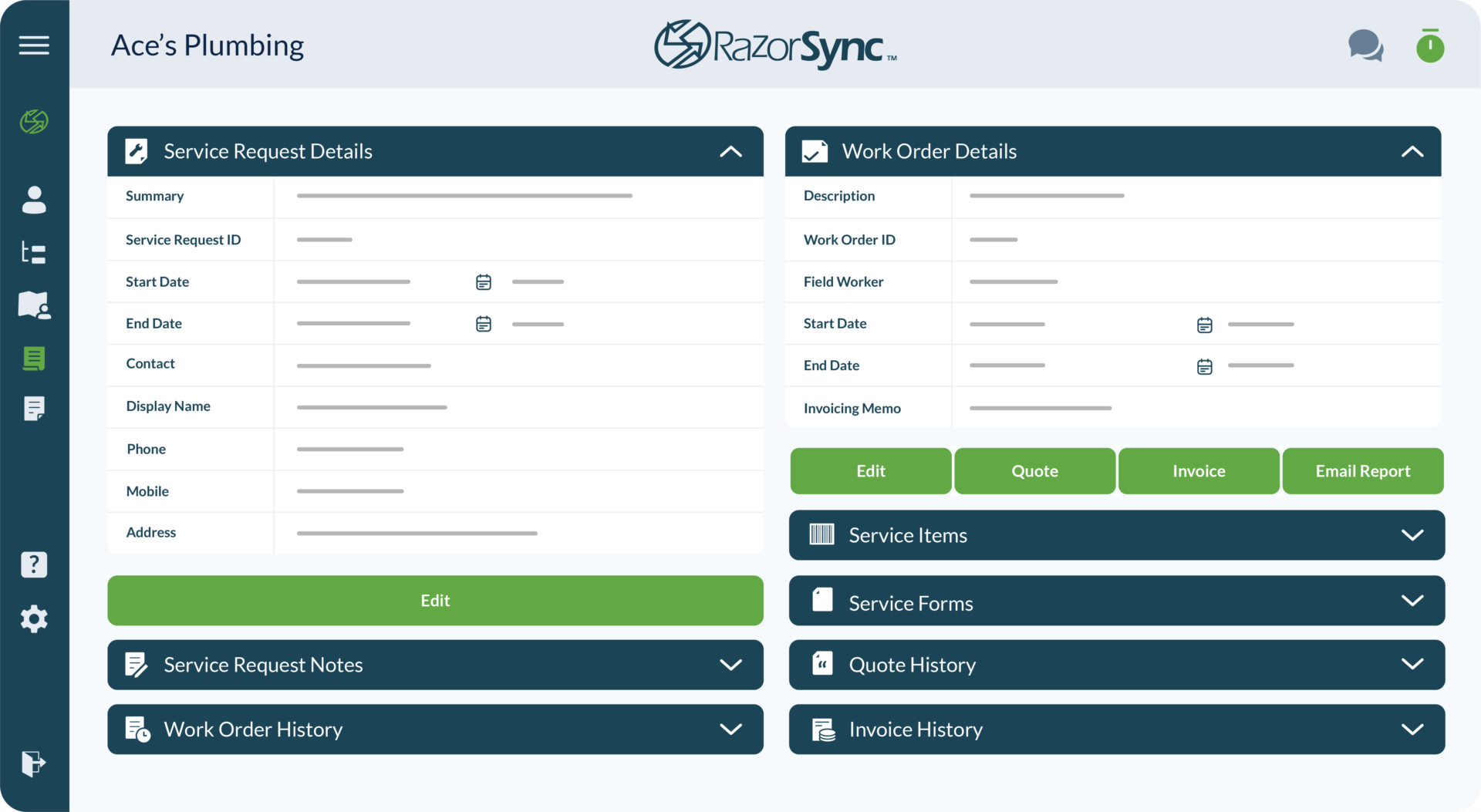 razorsync app screen with menu, service requests, work order details, and more