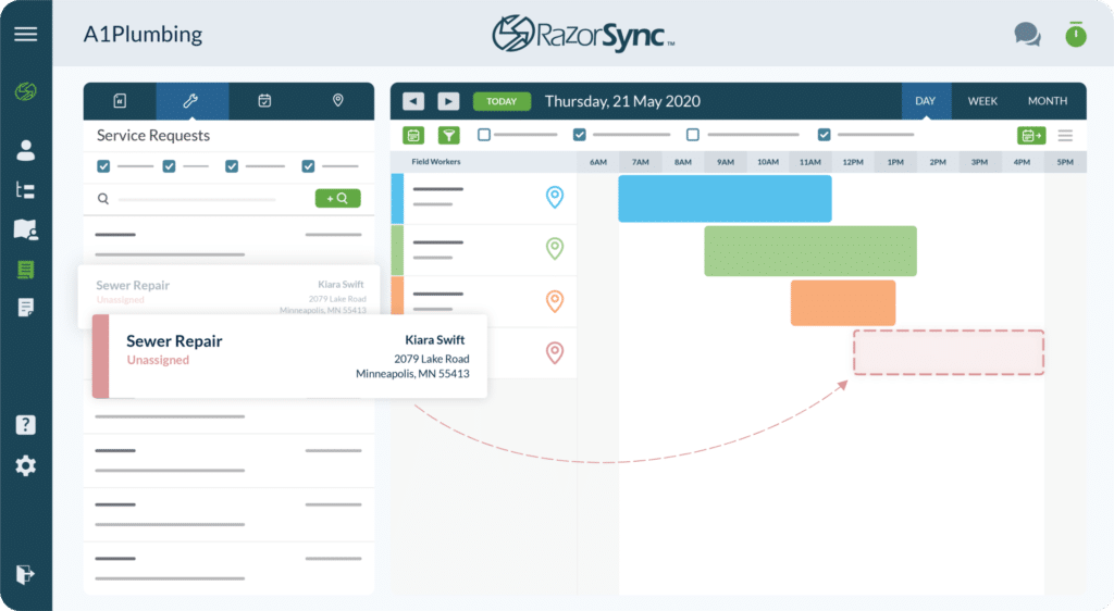 razorsync app screen with service requests and calendar