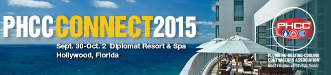logo for plumbing, heating and cooling phcc conference, Connect 2015 with background of resort and ocean view