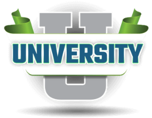 RazorSync University logo, banner with text university across background letter u